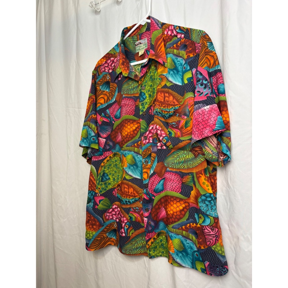 Reyn Spooner Mens Large Hawaiian Shirt Spun Rayon Tropical Fish Print Multi